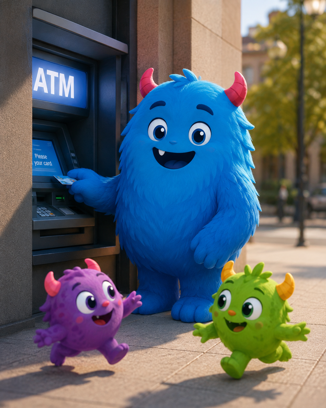 SocialSchedules characters using an ATM to access on-demand pay