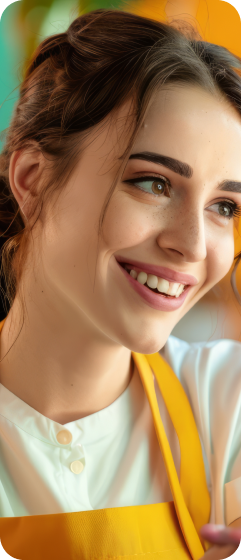 Smiling team member portrait for on-demand pay section