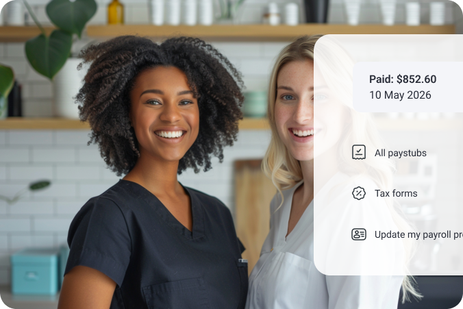 Retail payroll menu over portrait of store employee.