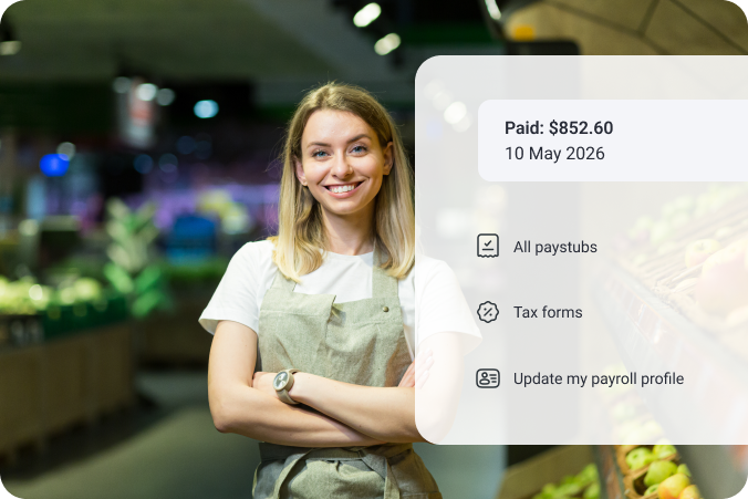 Retail payroll menu over portrait of store employee.