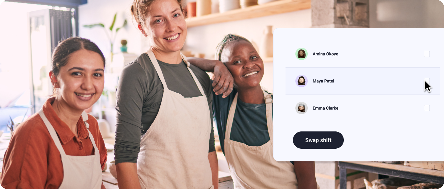 Retail team portrait with shift swap modal.
